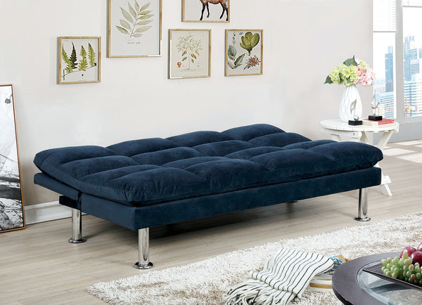 English Elm Contemporary Microfiber Futon Sofa Converts to Bed with Chrome Legs, Compact Space-Saving Design, Durable Upholstery Navy 40 L x 67 W x 8 H B2741P363788