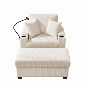 English Elm 55" Oversized Chaise Lounge Chair With Ottoman & Storage - Cozy Corduroy Recliner With Usb Port & Cup Holder W3373P328964