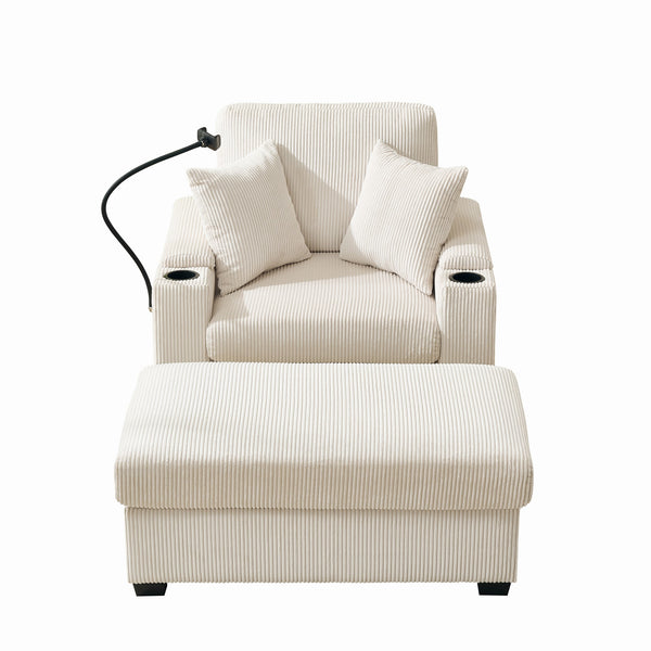 English Elm 55" Oversized Chaise Lounge Chair With Ottoman & Storage - Cozy Corduroy Recliner With Usb Port & Cup Holder W3373P328964