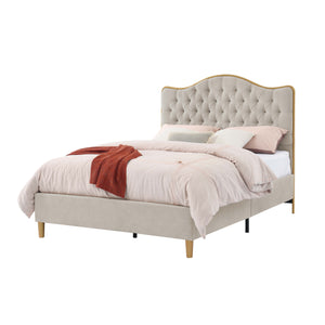 English Elm Luxelegance Tufted Upholstered Queen Bed Frame with Curved Headboard, Sturdy Wood Frame & Plush Finish khaki B343P383337