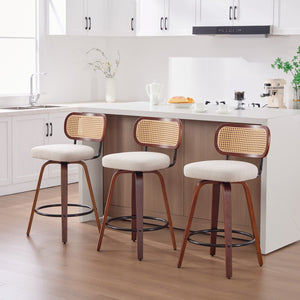 English Elm Set of 2 Swivel Counter Stools Walnut Frame Rattan Back Linen Seat Kitchen Island Beige W1143P392163