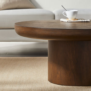 English Elm 35.98inch Round Coffee Table with Oak-Texture Legs and Thick Wood Veneer Top for Living Room Stylishly Low-Profile Modern Design Dark Brown W2582S00096