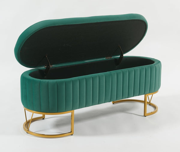 English Elm Oval Velvet Storage Bench with Metal Legs — Luxurious Upholstered Ottoman with Lift-Top Storage, 300lb Capacity, Modern Decorative Seating Green T3903P372933