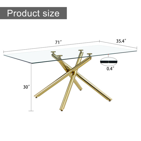 English Elm Large Rectangular Glass Dining Table For 4-8 People, Modern Design With Gold Metal Legs & Durability W1151S03180