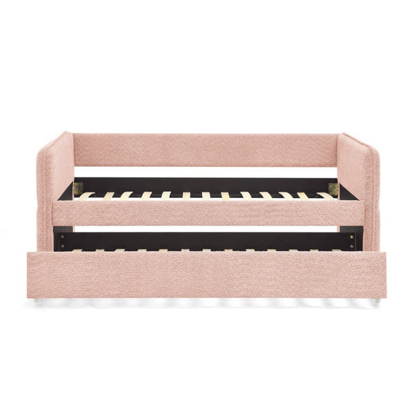 English Elm Daybed Boucle Upholstered Tufted Twin Trundle Sofa for Guest Bedroom Studio Lounge Pink W1413S00172