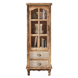 English Elm Rustic Solid Wood Tall Narrow Cabinet with Cutout Door Two Drawers Farmhouse Storage Ancient White W2295P457186