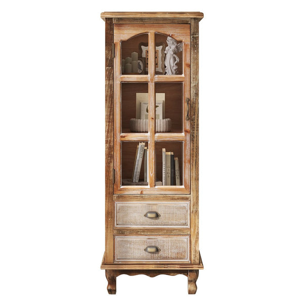 English Elm Rustic Solid Wood Tall Narrow Cabinet with Cutout Door Two Drawers Farmhouse Storage Ancient White W2295P457186