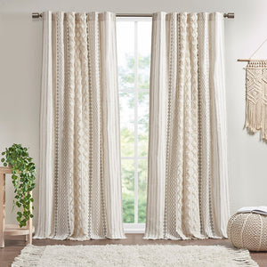JLA Home INK+IVY - Cotton Geometric Printed Curtain Panel with Tufted Chenille Stripe Trim and Lined Privacy Drapes Ivory II40-1292