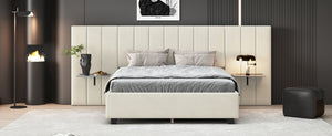 English Elm Queen Upholstered Platform Bed with Oversized Velvet Headboard, Built-In Shelves, Modern Comfort and Support for Relaxation Beige SF000138AAA