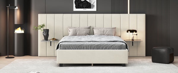 English Elm Queen Upholstered Platform Bed with Oversized Velvet Headboard, Built-In Shelves, Modern Comfort and Support for Relaxation Beige SF000138AAA