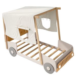 English Elm Wood Twin Car Bed with Pillow, Ceiling Canopy & LED Night Lights, Solid Pine Frame, Fun Kids Ride Bed - Twin Size, Natural Finish WF309288AAM