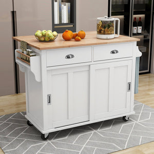 English Elm Kitchen Cart with Drop-Leaf Rubberwood Countertop, Sliding Barn Door, Locking Wheels & Storage Space White SK000001AAW