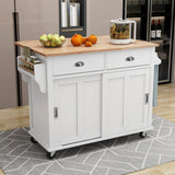 English Elm Kitchen Cart With Rubber Wood Drop-Leaf Countertop, Concealed Sliding Barn Door Adjustable Height,Kitchen Island On 4 Wheels With Storage Cabinet and 2 Drawers,L52.2Xw30.5Xh36.6 Inch, White