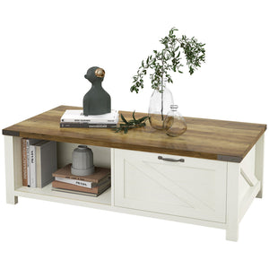 English Elm HOMCOM Rustic Farmhouse Coffee Table with Drawer & Open Shelf, Sturdy 132lb Capacity, White/Walnut W2225P200900