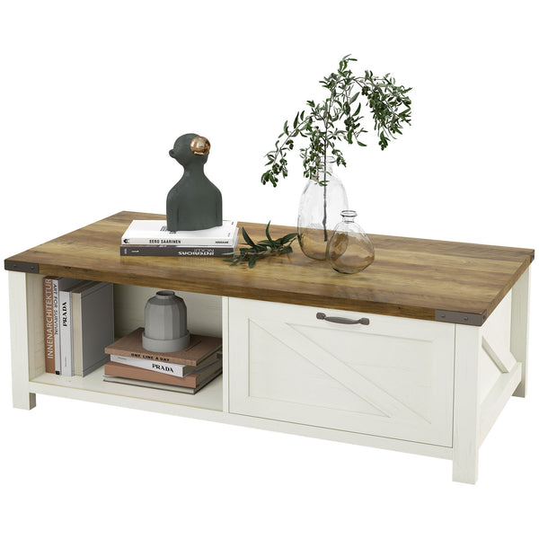 English Elm HOMCOM Rustic Farmhouse Coffee Table with Drawer & Open Shelf, Sturdy 132lb Capacity, White/Walnut W2225P200900