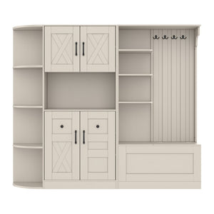 English Elm Multifunctional Modular Hall Tree Cabinet with Open Shelves and Hooks for Entryway Beige W1580S00565
