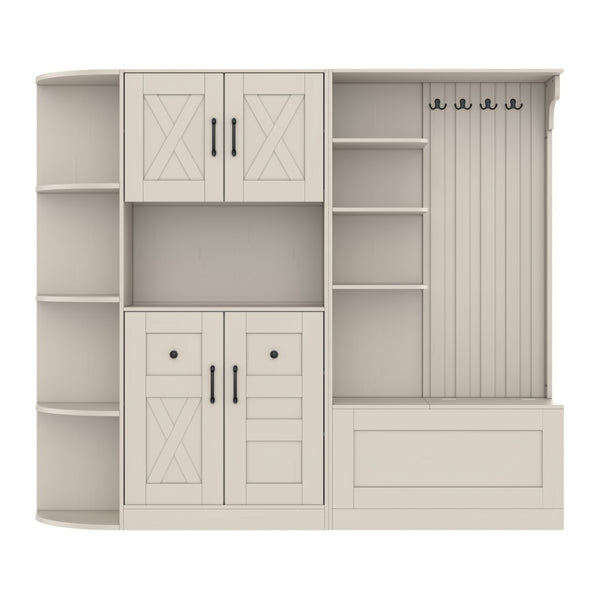 English Elm Multifunctional Modular Hall Tree Cabinet with Open Shelves and Hooks for Entryway Beige W1580S00565
