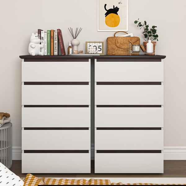 English Elm 5 Drawer Dresser Modern White with Walnut Top — Space-Saving 5-Drawer Chest, Durable Particleboard, Sleek Storage Organizer W409134195
