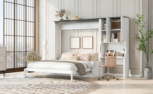 English Elm Multi-functional Queen Murphy Bed with Sofa Desk and Cabinet White Wood Frame N7090000606K-1