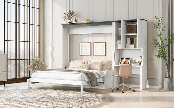 English Elm Multi-functional Queen Murphy Bed with Sofa Desk and Cabinet White Wood Frame N7090000606K-1