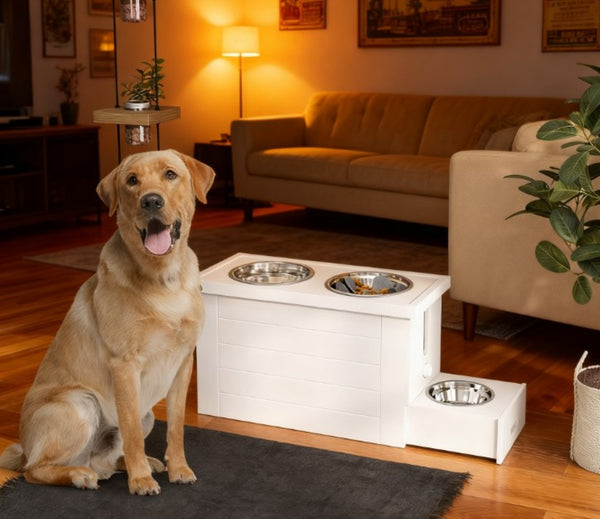 English Elm Pet Feeder Station with Mdf Storage Cabinet and Raised Stainless Steel Bowls for Large Dogs T3971P412260