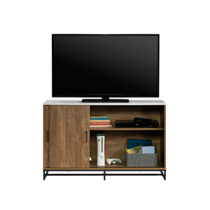 English Elm Credenza, Versatile Brown Finish Storage Cabinet With Adjustable Shelves & Modern Metal Base B356P402725