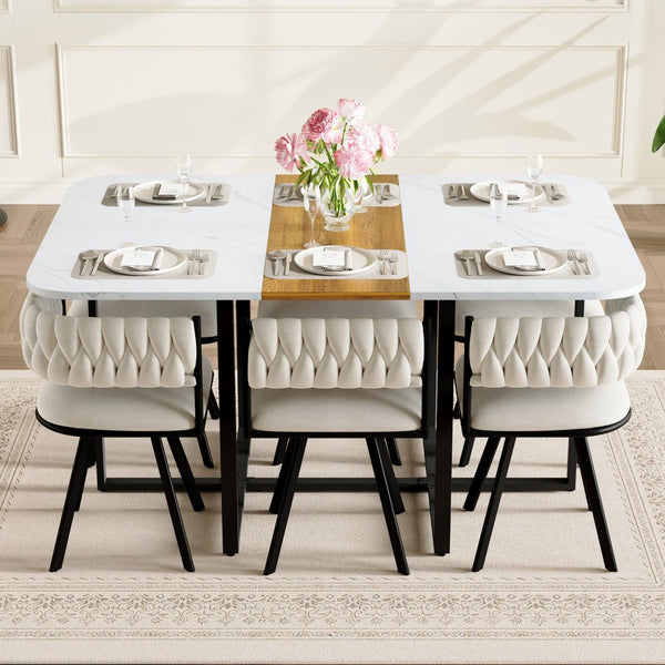 English Elm 7-piece Rectangular Dining Set Faux Marble Velvet Chairs Modern Apartment Table W3875S00133