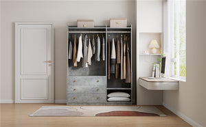 English Elm Open Open Wooden Wardrobe with 2 Rods, 5 Shelves & 3 Drawers — Modern Gray White Storage Solution N820S00021E