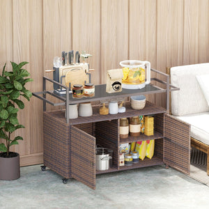 English Elm Outsunny Pe Rattan Outdoor Bar Cart with Tempered Glass Top and Storage Cabinet W2225P485624