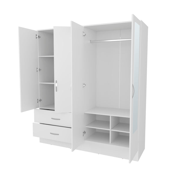 English Elm White Four-Door Wardrobe with Mirrors and Drawers — Spacious Melamine Closet for Organized Living B062S01279