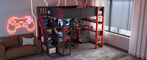 English Elm Full Size Gaming Loft Bed with Led Lighting Desk Shelves and Usb Charging Ports N820S00071J