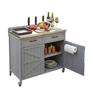 English Elm K&k Outdoor Prep Station Stainless Steel Top Fir Wood Cabinet with Drawer and Wheels Grey+Blue N707P370273G