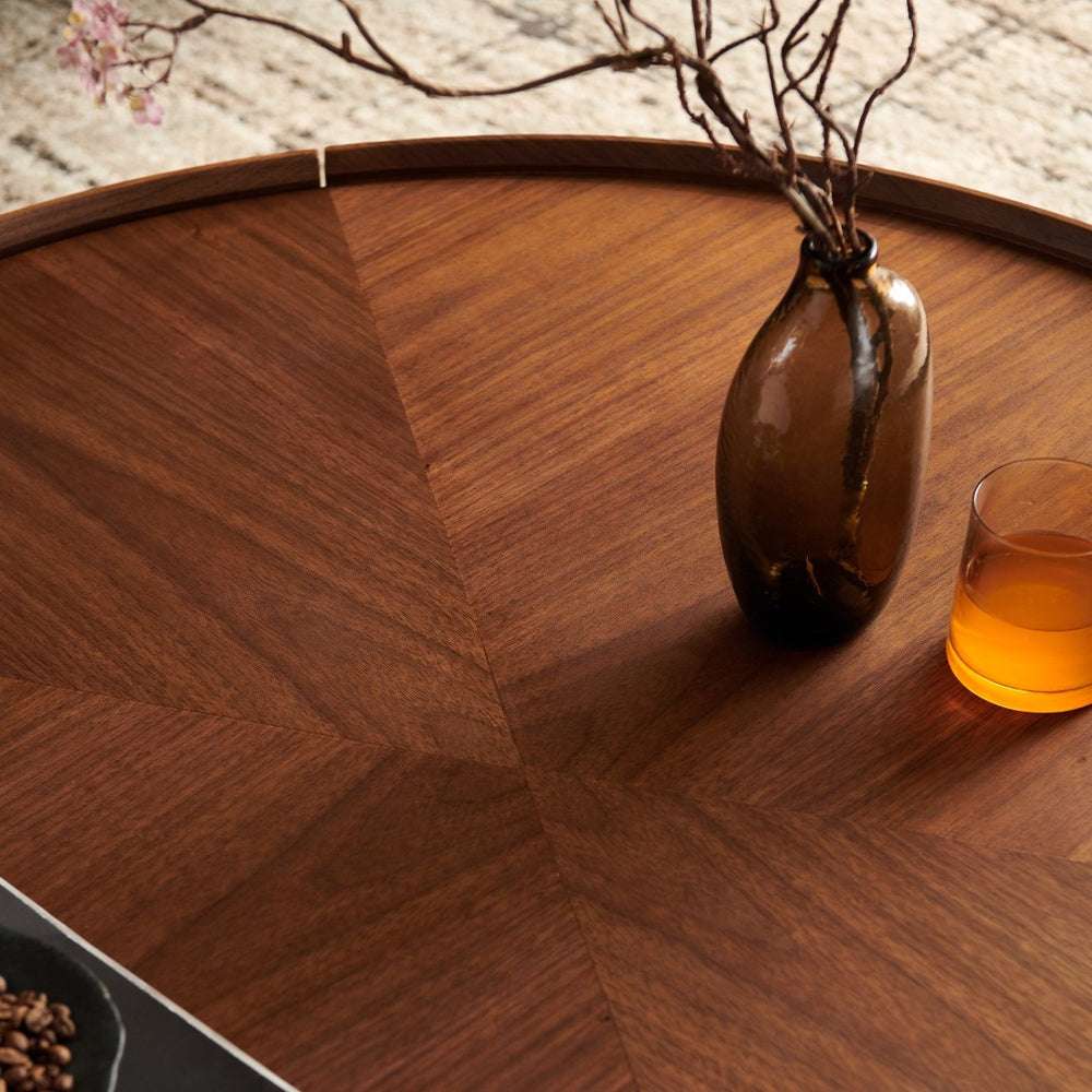 English Elm 35.4-inch Round Walnut Mosaic Coffee Table with Sculptural Iron Base for Living Rooms W5098P416512