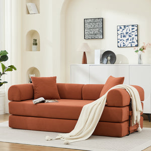 English Elm Folding Corduroy Sofa Bed 78.5" Convertible 3-Seater to Bed with 2 Pillows, No Assembly, Orange W2915P391458