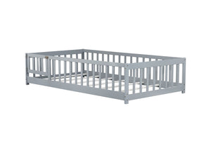 English Elm Twin Solid Rubberwood Floor Bed with Full Perimeter Safety Rails for Toddler Rooms Grey W504P296776