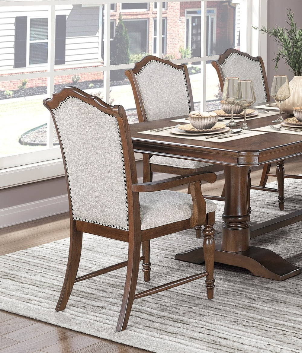 English Elm Formal Seven Piece Cherry Trestle Dining Set with Nailhead Upholstered Seating B011S01373