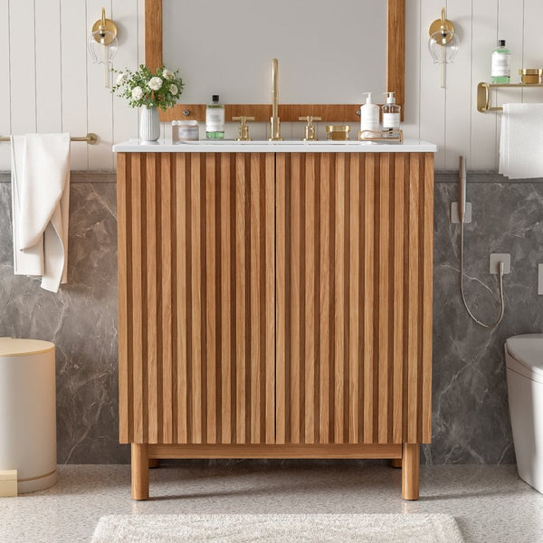 English Elm 29.9-inch Transitional Bathroom Vanity with Ceramic Sink Soft-close Doors Wood Legs N729P339777O