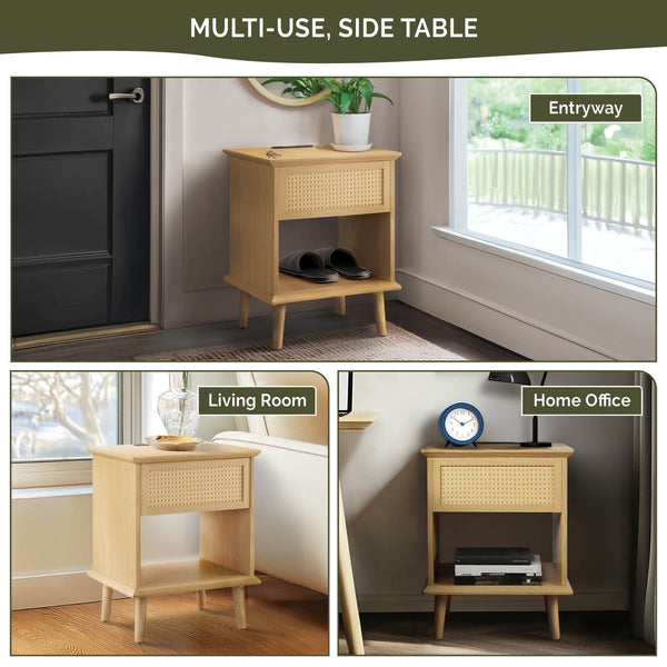 JLA Home 510 Design - Rattan Mid-Century Side Table with Drawer, Open Shelf, USB/USB-C Charging & Warm LED Light FUR120-0057