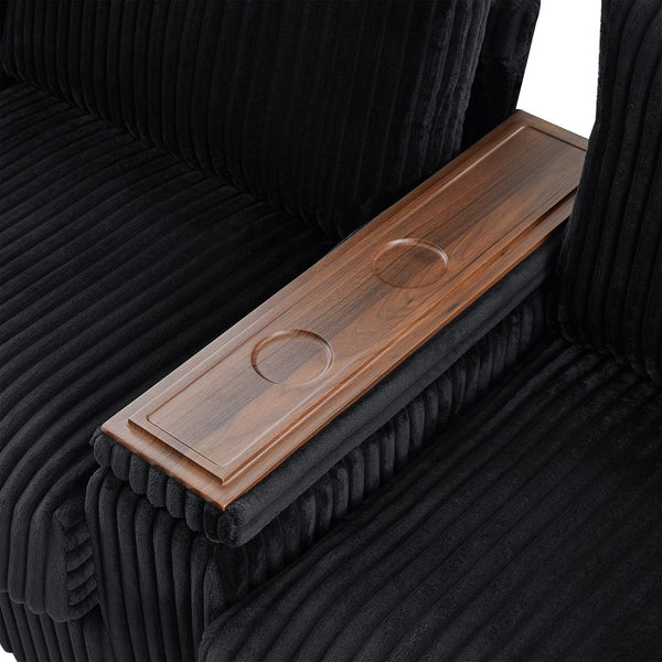 English Elm 4-seater Corduroy Sofa with USB Ports, Flip-Top Cup Holders, Hidden Arm Storage & Ultra-Deep Seats Black N719S001990B