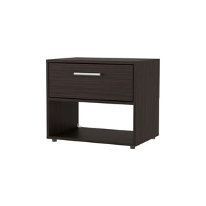 English Elm Stained Walnut Nightstand with Spacious Shelf and Single Drawer — Timeless Warmth, Sleek Rectangular Design B062P290276