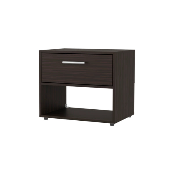 English Elm Stained Walnut Nightstand with Spacious Shelf and Single Drawer — Timeless Warmth, Sleek Rectangular Design B062P290276