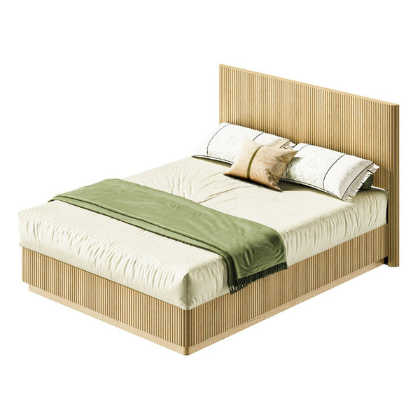 English Elm Queen Bed Frame with Led Lighting Curved Groove Panels and Floating Base Modern Bedroom Oak W1820S00050