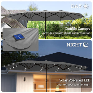 English Elm Double-sided Patio Umbrella with 36 Solar Led Lights Steel Frame Vented Canopy T3971P426130