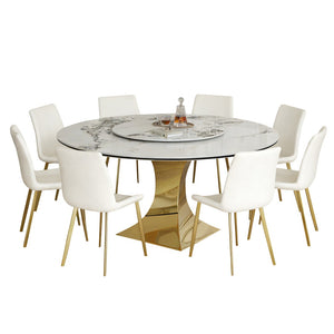 English Elm 59" Round Sintered Stone Table Set Seats Eight with Gold Hourglass Base Lazy Susan W2700S00130