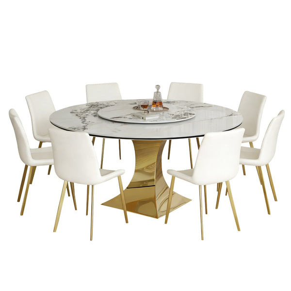 English Elm 59" Round Sintered Stone Table Set Seats Eight with Gold Hourglass Base Lazy Susan W2700S00130