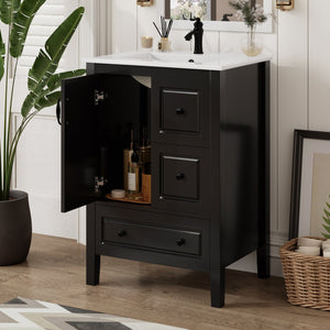 English Elm Christopher Knight Home® - 24 Freestanding Retro Bathroom Vanity with Ceramic Sink, Soft-Close Cabinet & Drawers, Painted MDF Finish Black N759P292551B