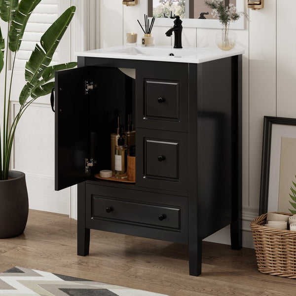 English Elm Christopher Knight Home® - 24 Freestanding Retro Bathroom Vanity with Ceramic Sink, Soft-Close Cabinet & Drawers, Painted MDF Finish Black N759P292551B