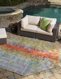 Unique Loom Outdoor Modern Crumpled Machine Made Abstract Rug Multi, Gold/Green/Navy Blue/Orange/Red/Beige/Blue/Brown/Cream 7' 11" x 8' 0"