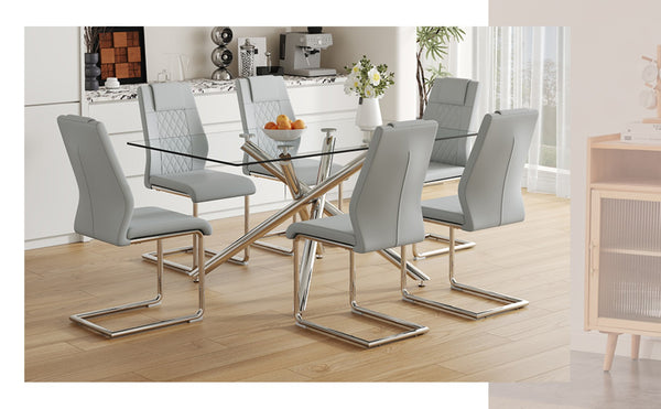 English Elm Table Modern Luxurious 7-Piece Transparent Glass Dining Set With 6 Light Gray Pu Chairs & Metal Legs W1151S04132-GIGA