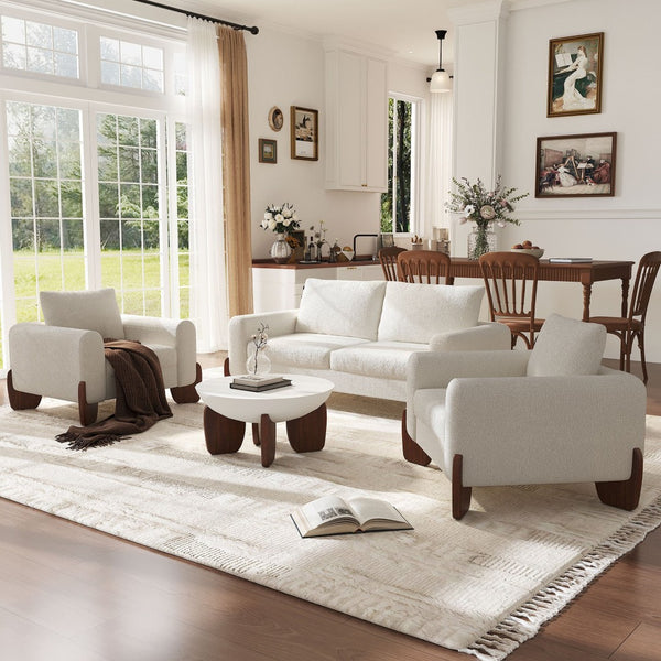English Elm U_style Bouclé 3 Piece Living Room Sofa Set with Loveseat and Two Accent Armchairs Beige WY000479AAA